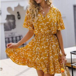 Boho Yellow Floral Ruffle SleeveMini Dress Size Small